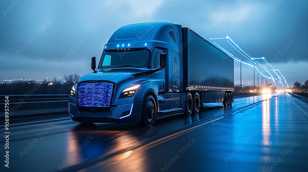 Sleek Electric Semi Truck on Open Highway at Dusk Sleek Electric Semi Truck on Open Highway at Dusk
