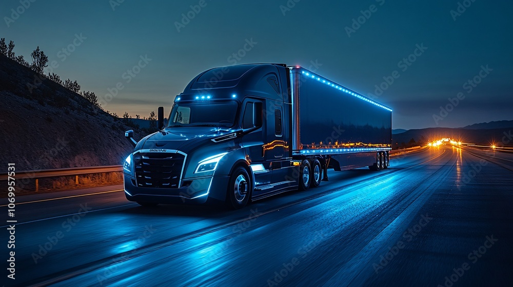 Sleek Electric Semi Truck on a Highway at Dusk Sleek Electric Semi Truck on a Highway at Dusk