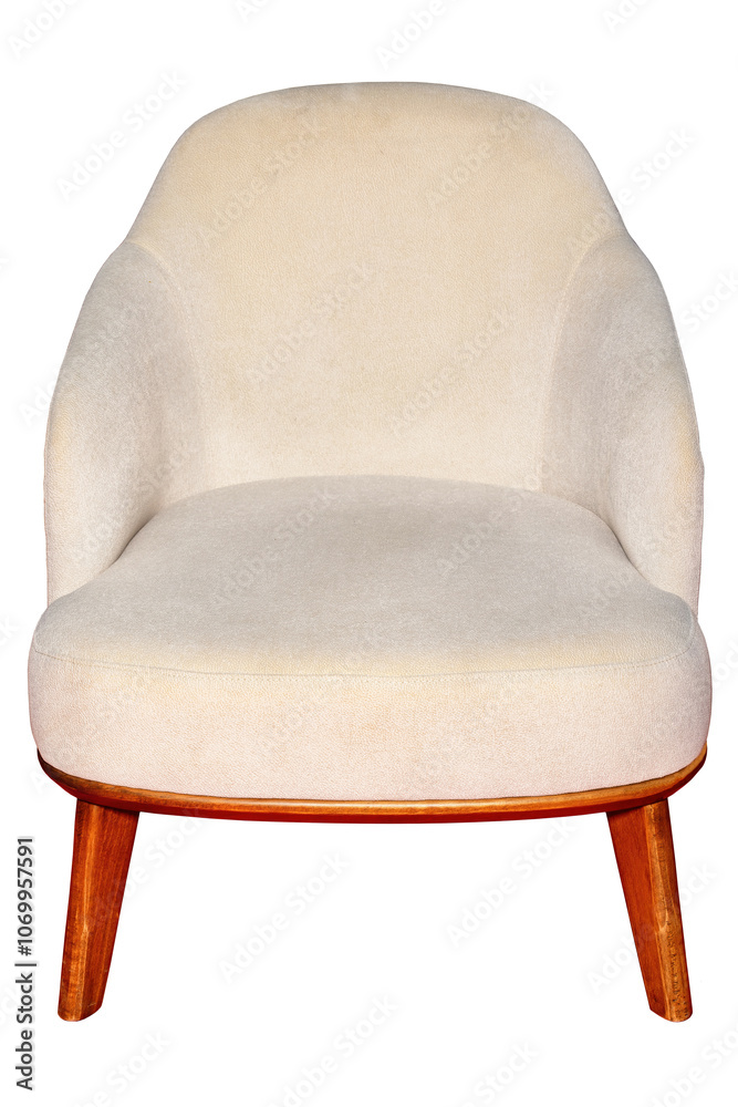 Modern minimalist chair in soft cream hue placed elegantly in a cozy living room corner, isolated on white background.