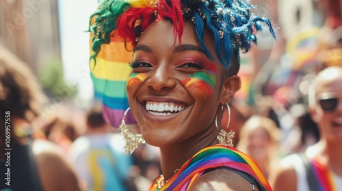 A person with rainbow-themed hair smiling at a pride rally.