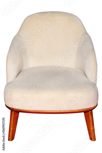 Obraz na płótnie Modern minimalist chair in soft cream hue placed elegantly in a cozy living room corner, isolated on white background. w salonie