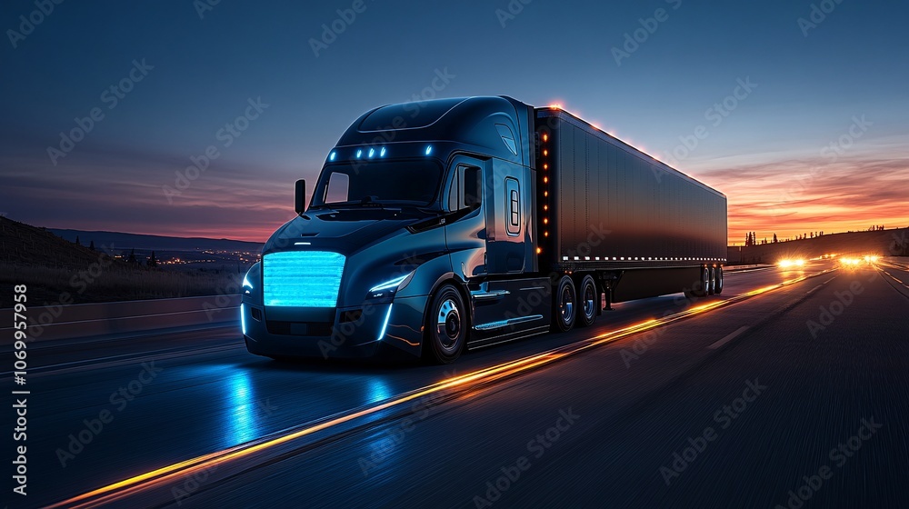 Electric Semi Truck on Smart Highway at Dusk