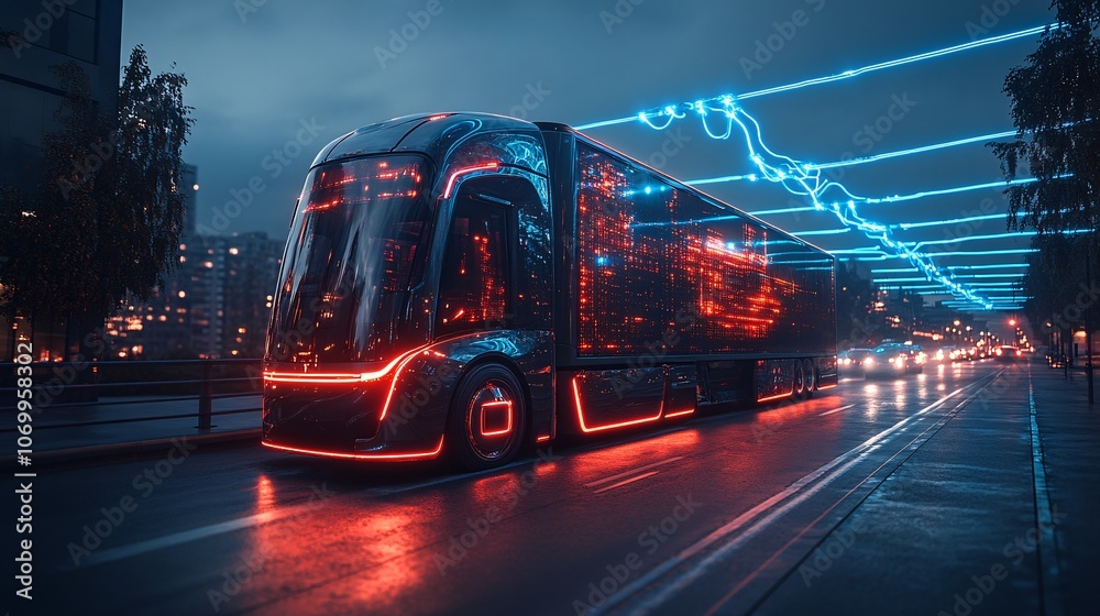Futuristic Electric Truck with Neon Lights in Motion Futuristic Electric Truck with Neon Lights in Motion