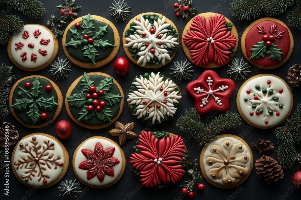 decorated Christmas cookies with green, red, and white icing, featuring holly leaves, poinsettias, snowflakes, pine trees, and stars. decorated Christmas cookies with green, red, and white icing, featuring holly leaves, poinsettias, snowflakes, pine trees, and stars.