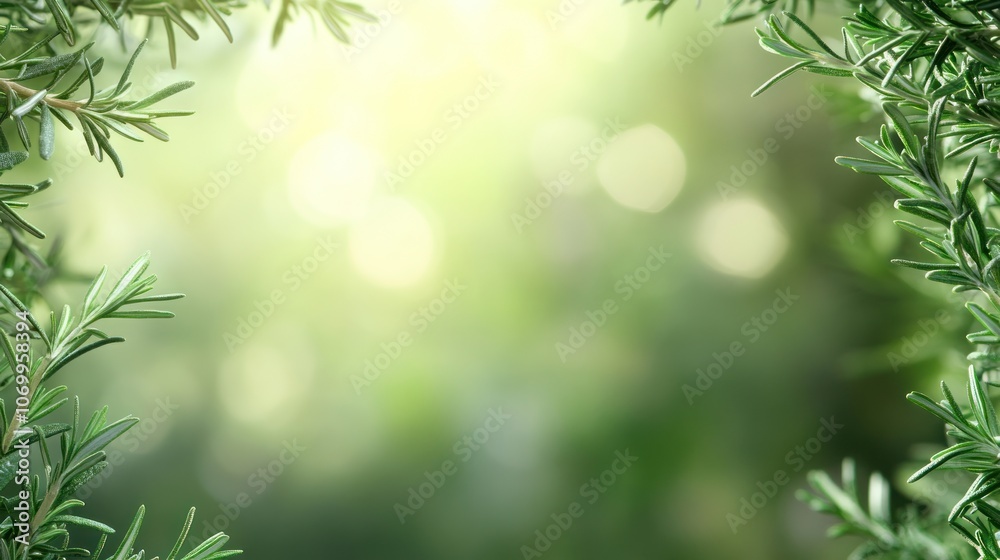 A serene background with soft bokeh and rosemary leaves framing the scene. A serene background with soft bokeh and rosemary leaves framing the scene.