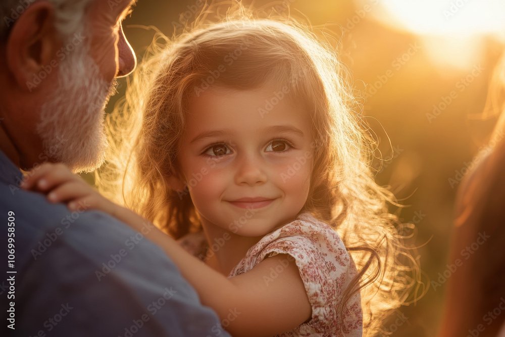 Young girl smiling warmly, embraced by an elder in a golden sunset, highlighting her joyful expression and the gentle warmth of the setting sun. Young girl smiling warmly, embraced by an elder in a golden sunset, highlighting her joyful expression and the gentle warmth of the setting sun.