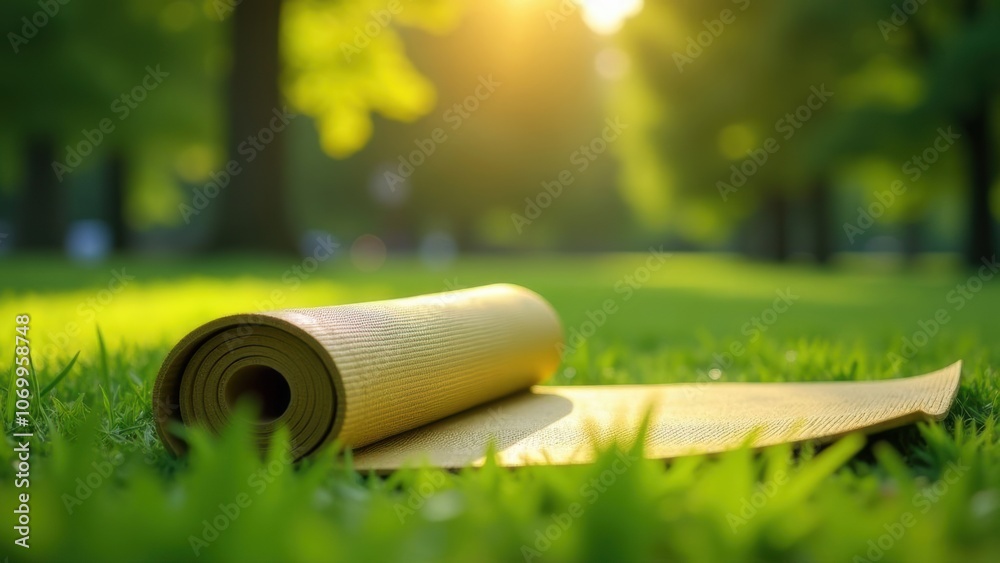 A yoga mat rolled up on lush green grass in a peaceful sunny park, outdoor practice. A yoga mat rolled up on lush green grass in a peaceful sunny park, outdoor practice.