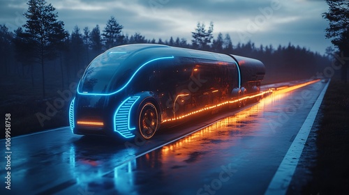 Futuristic Electric Semi Truck on a Rainy Road