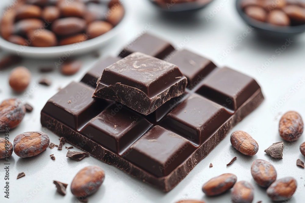 Rich dark chocolate squares with cocoa beans scattered around, creating delightful and indulgent scene. Perfect for chocolate lovers and dessert enthusiasts Rich dark chocolate squares with cocoa beans scattered around, creating delightful and indulgent scene. Perfect for chocolate lovers and dessert enthusiasts