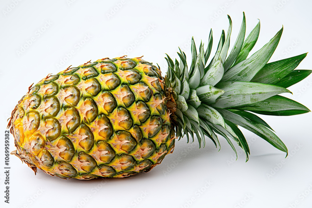 Fresh pineapple with bright yellow skin and green leaves, perfect for tropical dishes and smoothies. Its vibrant color adds cheerful touch to any kitchen Fresh pineapple with bright yellow skin and green leaves, perfect for tropical dishes and smoothies. Its vibrant color adds cheerful touch to any kitchen