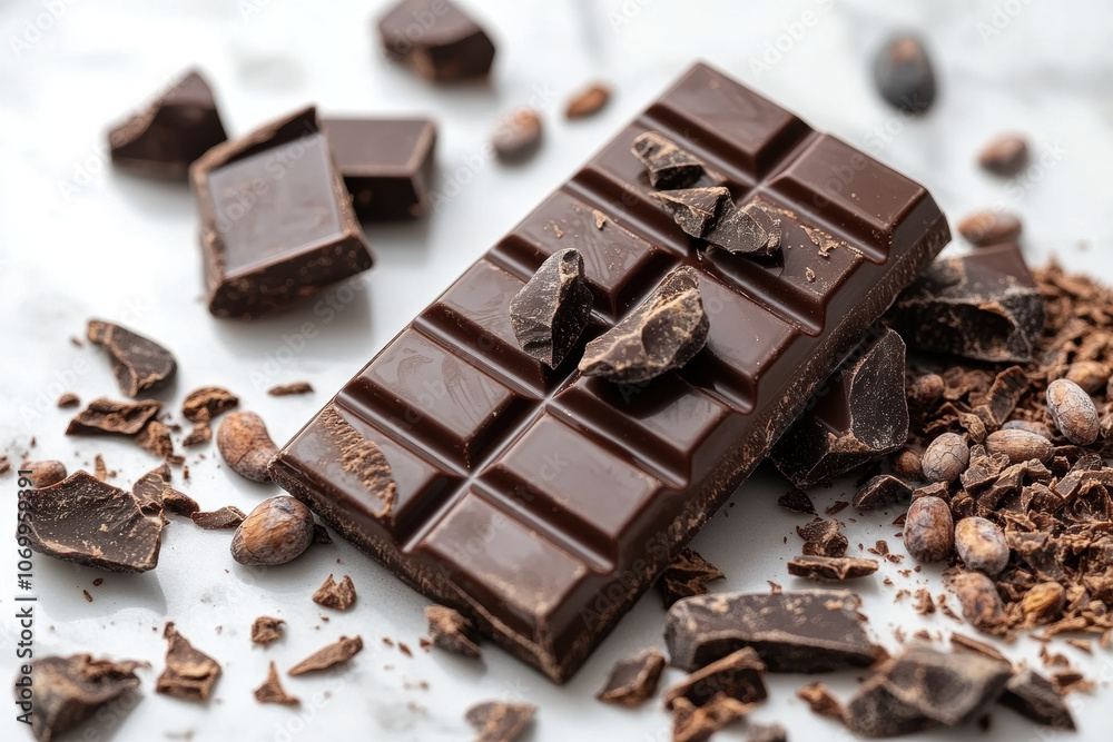 Delicious dark chocolate bar with cocoa pieces and shavings scattered around, showcasing rich textures and flavors. Perfect for chocolate lovers! Delicious dark chocolate bar with cocoa pieces and shavings scattered around, showcasing rich textures and flavors. Perfect for chocolate lovers!