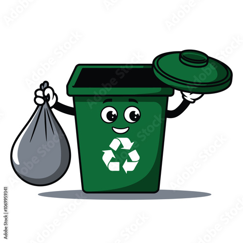 Cartoon Recycling Bin with Trash Bag Illustration