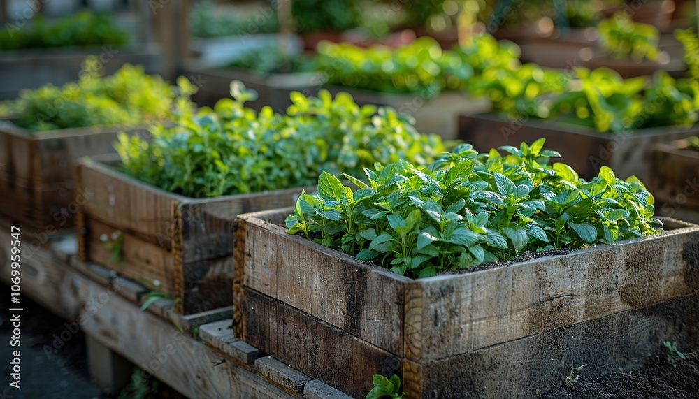 Wooden raided beds in an urban garden growing plants herbs spices vegetables and flowers in the city. Sustainable living lifestyle Wooden raided beds in an urban garden growing plants herbs spices vegetables and flowers in the city. Sustainable living lifestyle