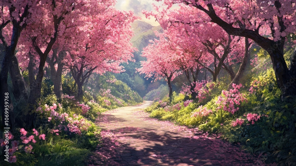 A serene pathway lined with blooming cherry blossom trees in a lush landscape. A serene pathway lined with blooming cherry blossom trees in a lush landscape.