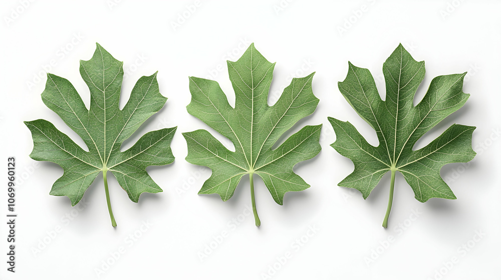 Three green leaves arranged in a row against a white background. Three green leaves arranged in a row against a white background.