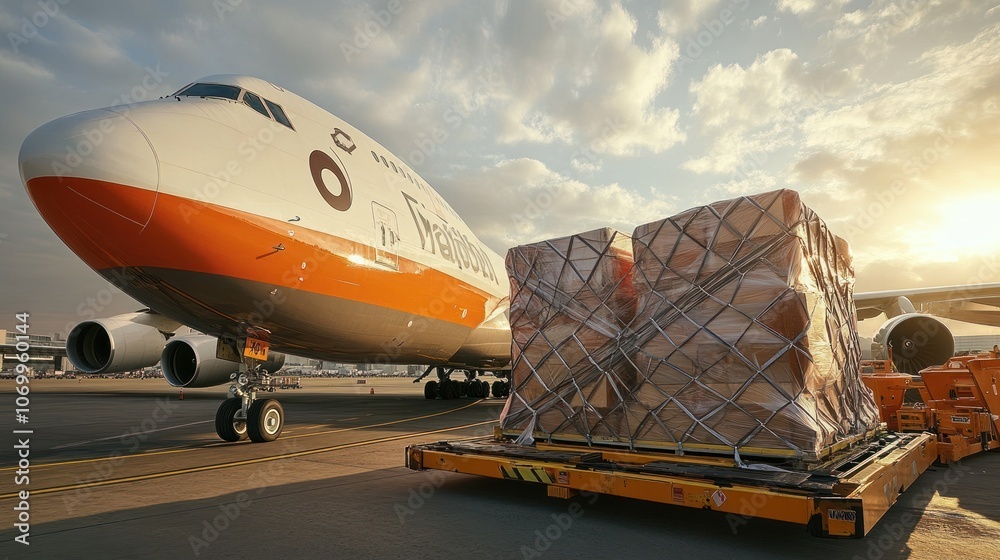 A cargo plane at an airport with stacked pallets ready for loading. A cargo plane at an airport with stacked pallets ready for loading.