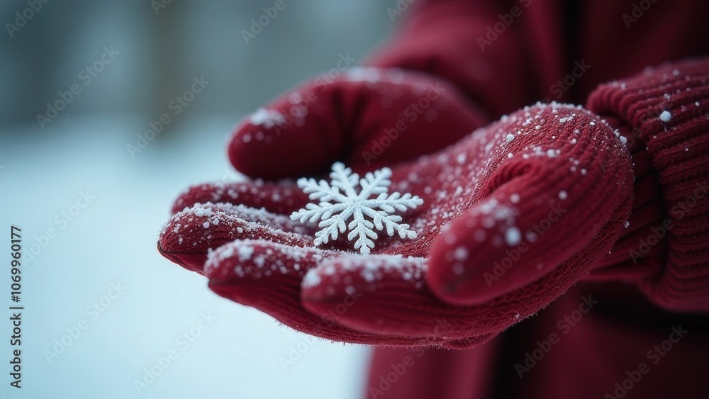 A close-up of a delicate snowflake gently resting on a hand covered in cozy red mittens A close-up of a delicate snowflake gently resting on a hand covered in cozy red mittens