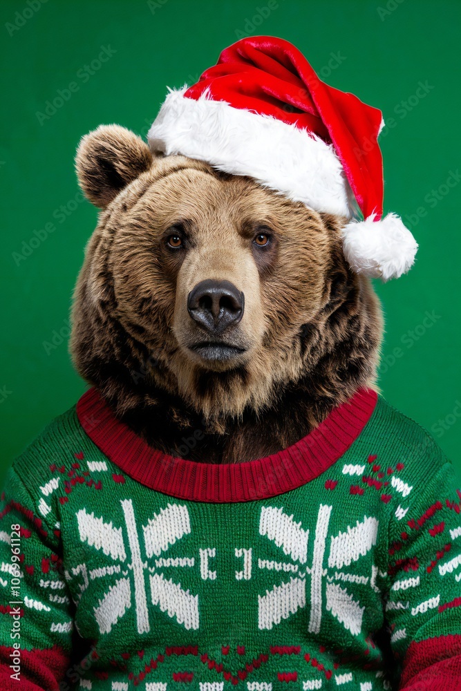 Christmas Bear in Ugly Sweater Santa Hat Festive Animal Portrait