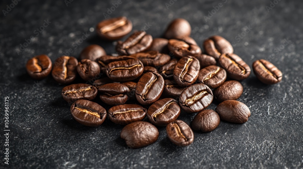 A close-up of roasted coffee beans on a textured surface. A close-up of roasted coffee beans on a textured surface.