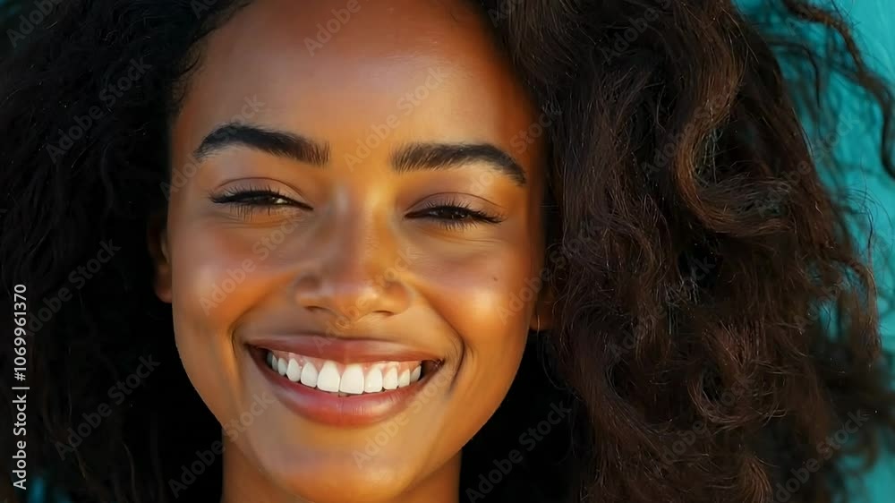 Vibrant beauty and joyful expression captured in a close up of a smiling woman with curly hair against a turquoise background Vibrant beauty and joyful expression captured in a close up of a smiling woman with curly hair against a turquoise background