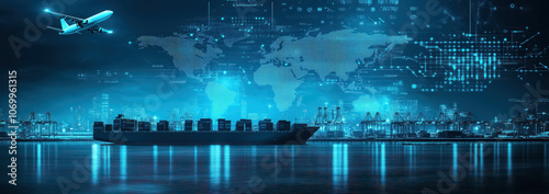 Airplane on the sky transport flight to airport with hologram world map on the background.