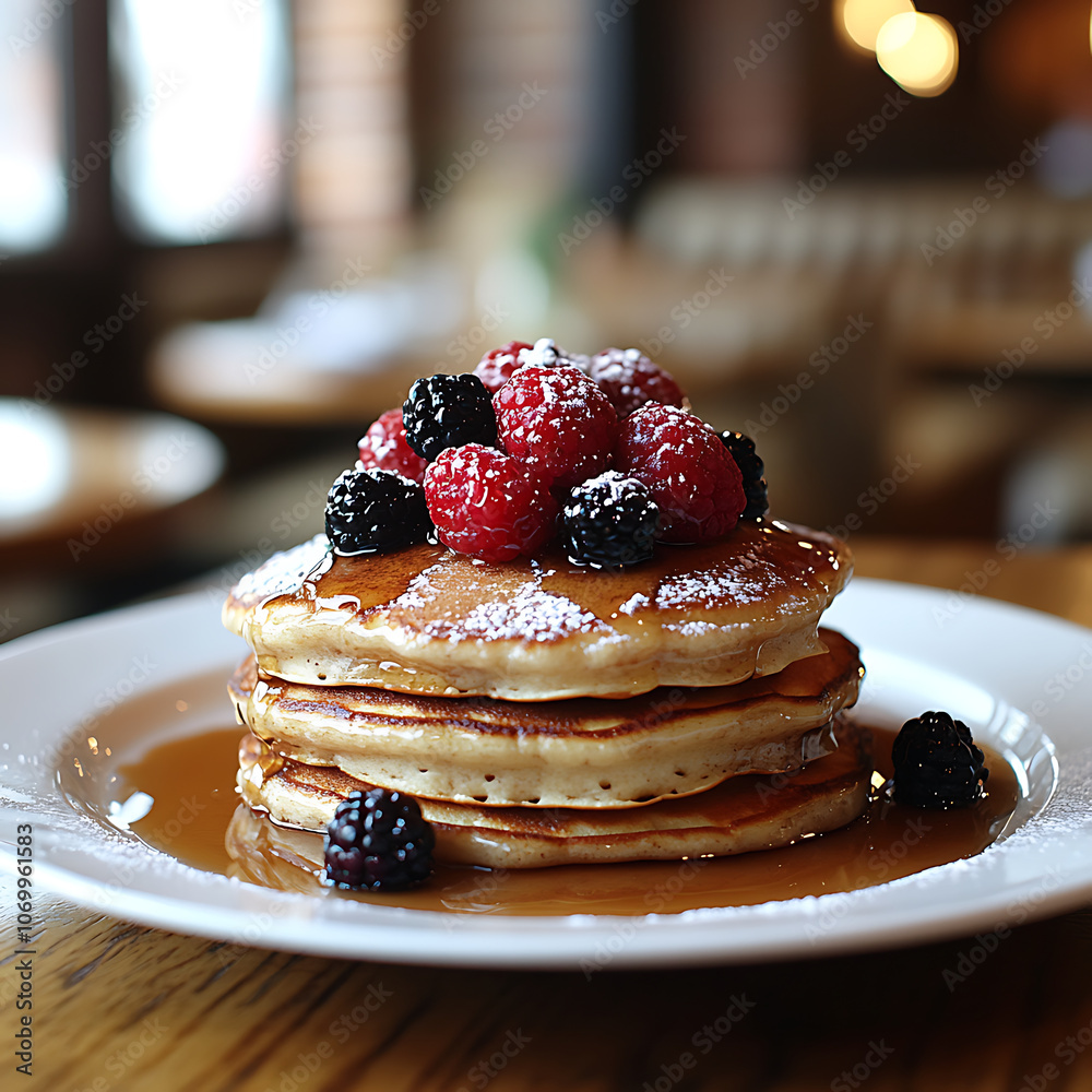 Fluffy pancakes stacked high, topped with fresh berries and powdered sugar, drizzled with syrup, creating delightful breakfast treat Fluffy pancakes stacked high, topped with fresh berries and powdered sugar, drizzled with syrup, creating delightful breakfast treat