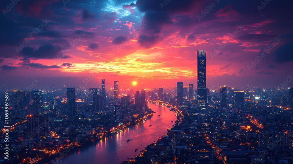 Fototapeta premium vibrant city skyline at twilight, showcasing colorful lights reflecting on river. sunset casts warm glow over urban landscape, creating stunning visual