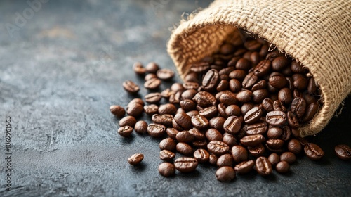 A burlap sack spills roasted coffee beans onto a textured surface.