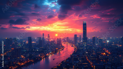 vibrant city skyline at twilight, showcasing colorful lights reflecting on river. sunset casts warm glow over urban landscape, creating stunning visual