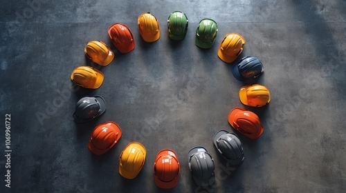 Various colored hard hats are arranged in a circle on a concrete floor, symbolizing teamwork, diversity, and safety in the workplace.
