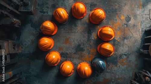 Safety helmets arranged in a circular pattern on a dirty industrial floor, suggesting a team huddle or a safety-focused approach in a workspace.