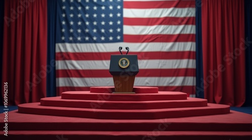 Empty presidential podium on red platform with American flag background. Political event concept