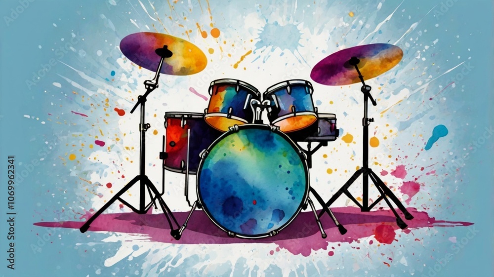 A playful, cartoonish vector of a jazz drum set with watercolor splashes in different blue shades. A playful, cartoonish vector of a jazz drum set with watercolor splashes in different blue shades.
