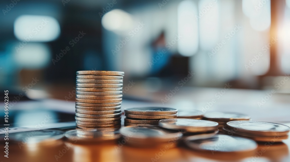 Coins lined up in front of a world map displayed on a digital screen Coins lined up in front of a world map displayed on a digital screen