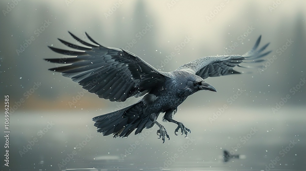 Fototapeta premium Raven in Flight Over a Misty Lake