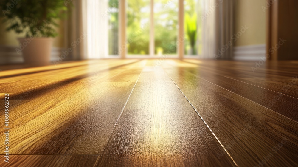 A sunlit wooden floor with a view of greenery through large windows. A sunlit wooden floor with a view of greenery through large windows.