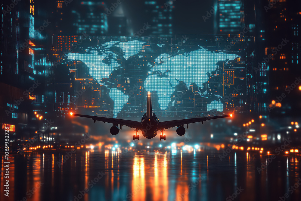 Airplane on the sky transport flight to airport with hologram world map on the background. Airplane on the sky transport flight to airport with hologram world map on the background.