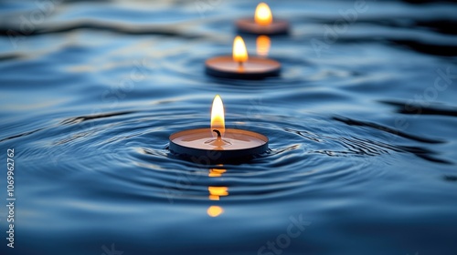 Tranquil floating candles on serene water surface