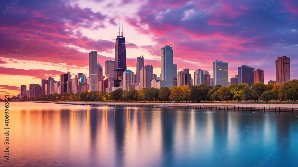 Fototapeta premium A photo of the Chicago skyline at sunset, with tall buildings reflecting in the water and colorful clouds above. The river is visible below, and there's an office building on one side 