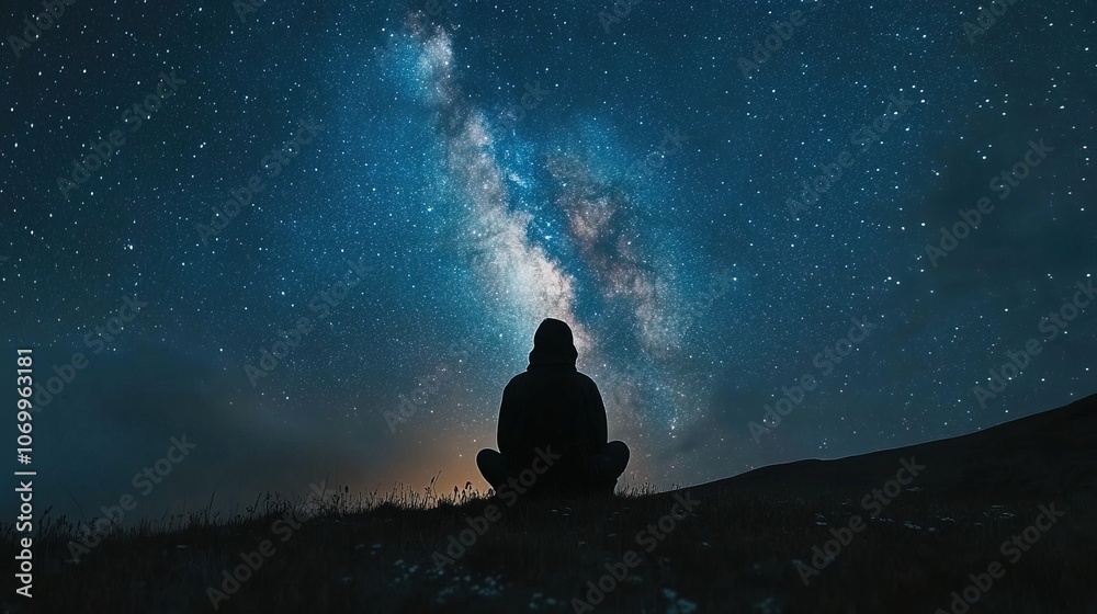 Man solitude with telescope under the Milky Way galaxy