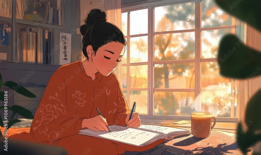 Woman writing in notebook by window. Woman writing in notebook by window.