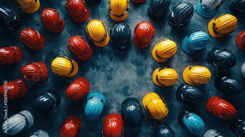 Aerial view of an array of colorful construction helmets forming a pattern on a textured floor, symbolizing diversity, teamwork, and safety in the workplace.
