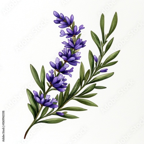 Lavender Watercolor Sprig with Soft Green Leaves