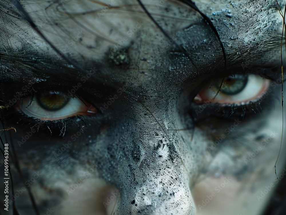 Intense Close-Up Portrait of a Woman with Dramatic Makeup and Green Eyes