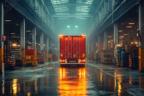 red truck parked in large, industrial warehouse with reflective wet floors. atmosphere is moody and illuminated by overhead lights, showcasing busy logistics environment