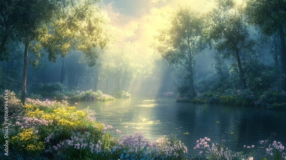Serene Sunlit River in Misty Forest Landscape