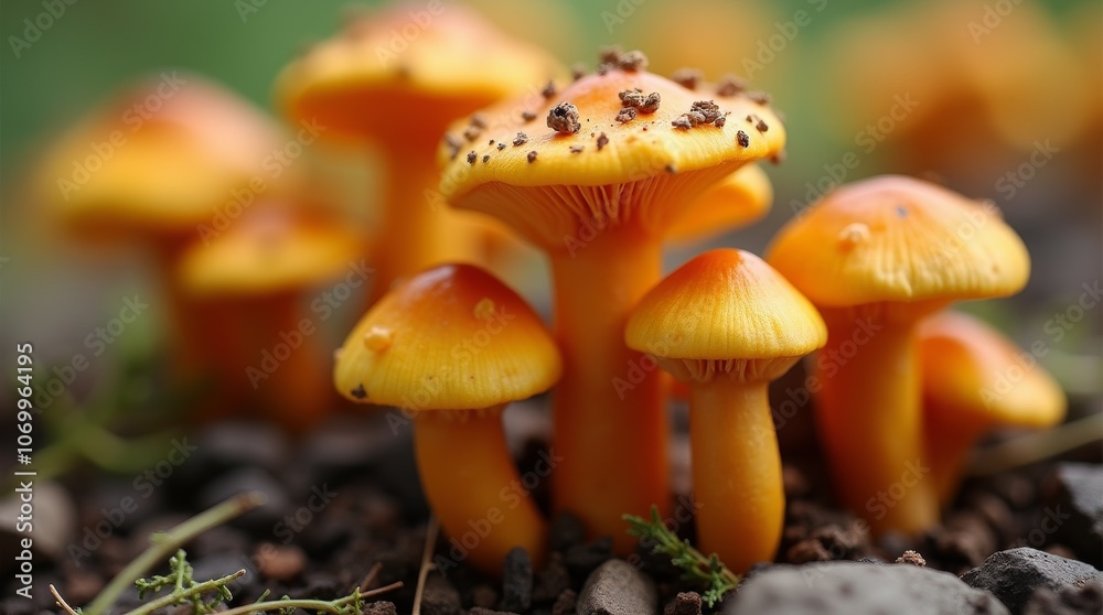 Close-up of orange mushrooms growing in soil with a blurred natural background Close-up of orange mushrooms growing in soil with a blurred natural background