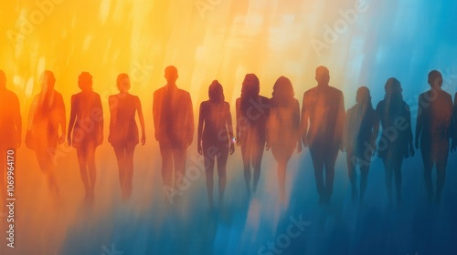 Diverse group illustration with a warm gradient from orange to blue representing human community