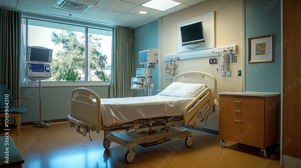 Comfortable hospital room with a modern bed and medical equipment Comfortable hospital room with a modern bed and medical equipment