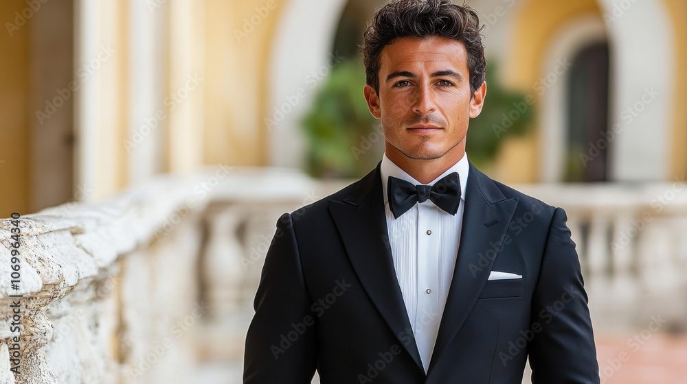 Elegant man in tuxedo standing confidently outdoors, showcasing sophistication and style. backdrop features classic architecture, enhancing formal atmosphere